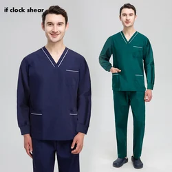 Nurse Scrub Uniform Suits Health Service Work Clothes Men Long Sleeve Work Scrub Tops and Pants Set Solid Color Nursing Workwear