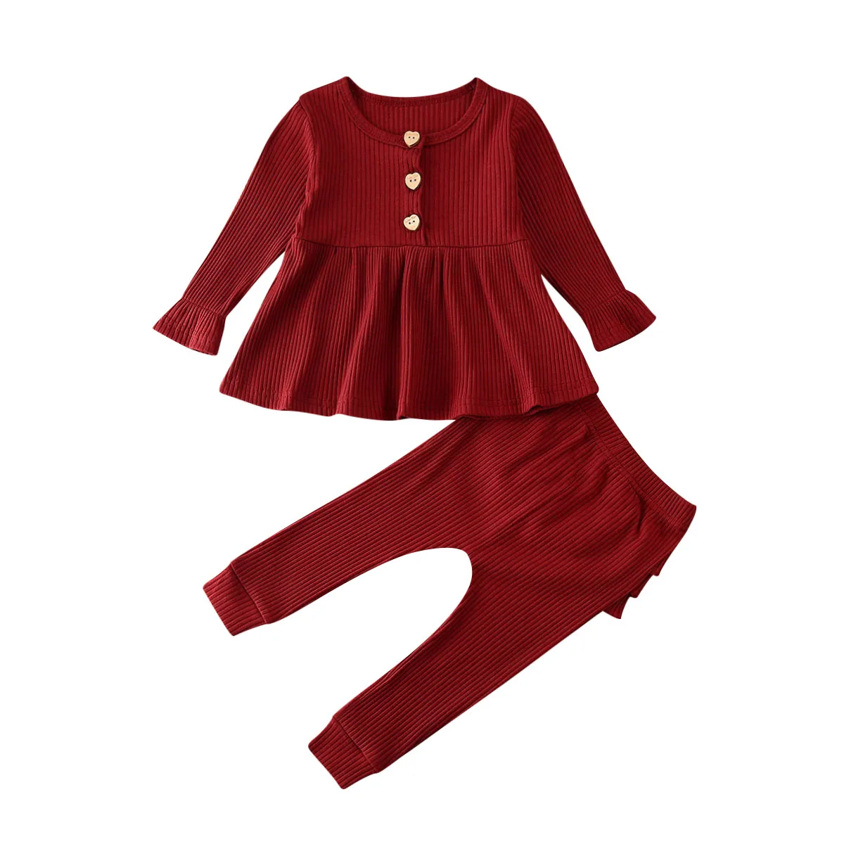 Детские комплекты одежды для маленьких девочек и мальчиков, однотонные вязаные топы с длинными рукавами, платье+ леггинсы с оборками, комплекты со штанами - Цвет: Wine Red
