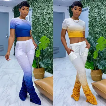 

ZKYZWX Gradient Print 2 Piece Set Women Summer Tracksuit Crop Top Stacked Leggings Flare Pant Lounge Wear Outfits Matching Sets