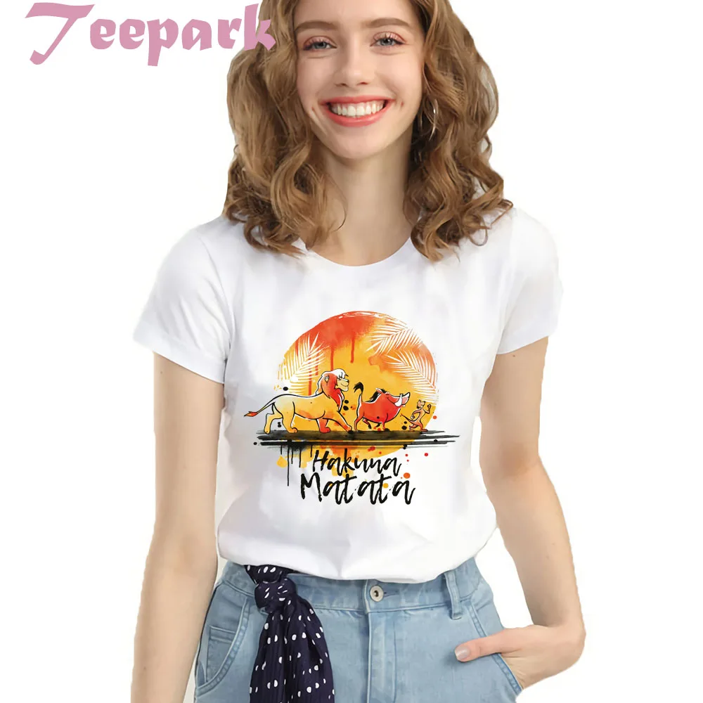 Hakuna Matata рубашки женские Ullzang Lion King Печать Досуг футболка мужская, с коротким рукавом Модный Топ Футболка женская футболка dHWP401