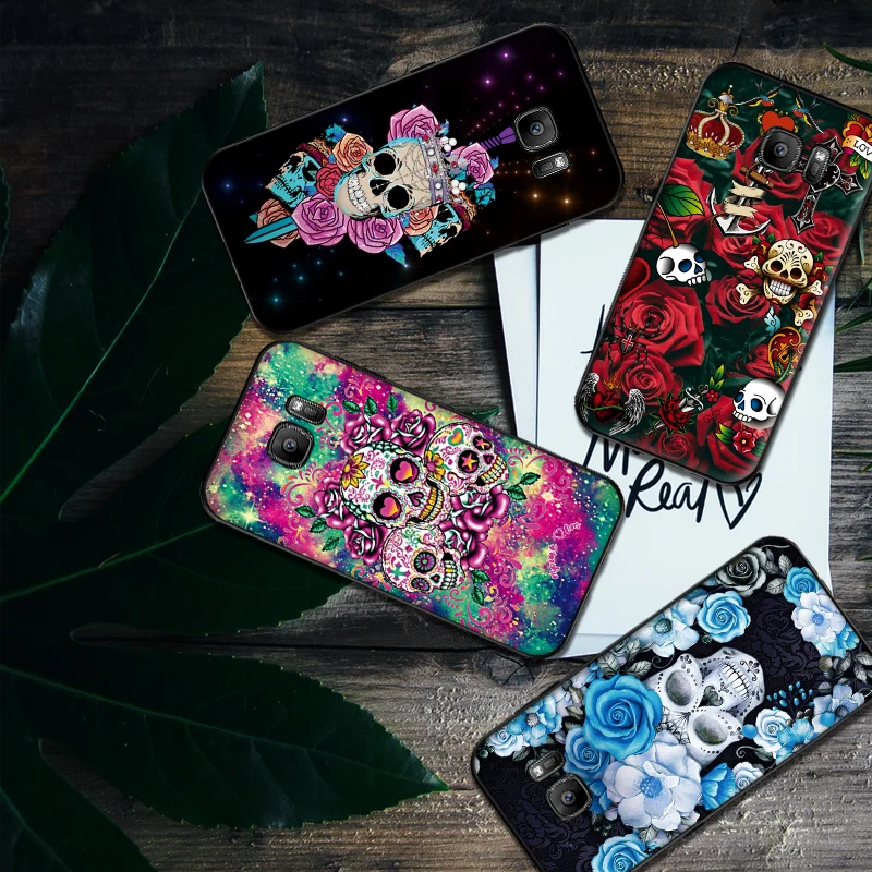 Art rose skull Soft Silicone Phone Case For Samsung S6 S7 Edge S8 S9 S10 PLUS NOTE 8 9 M10 20 30 Back Cover | Мобильные телефоны и