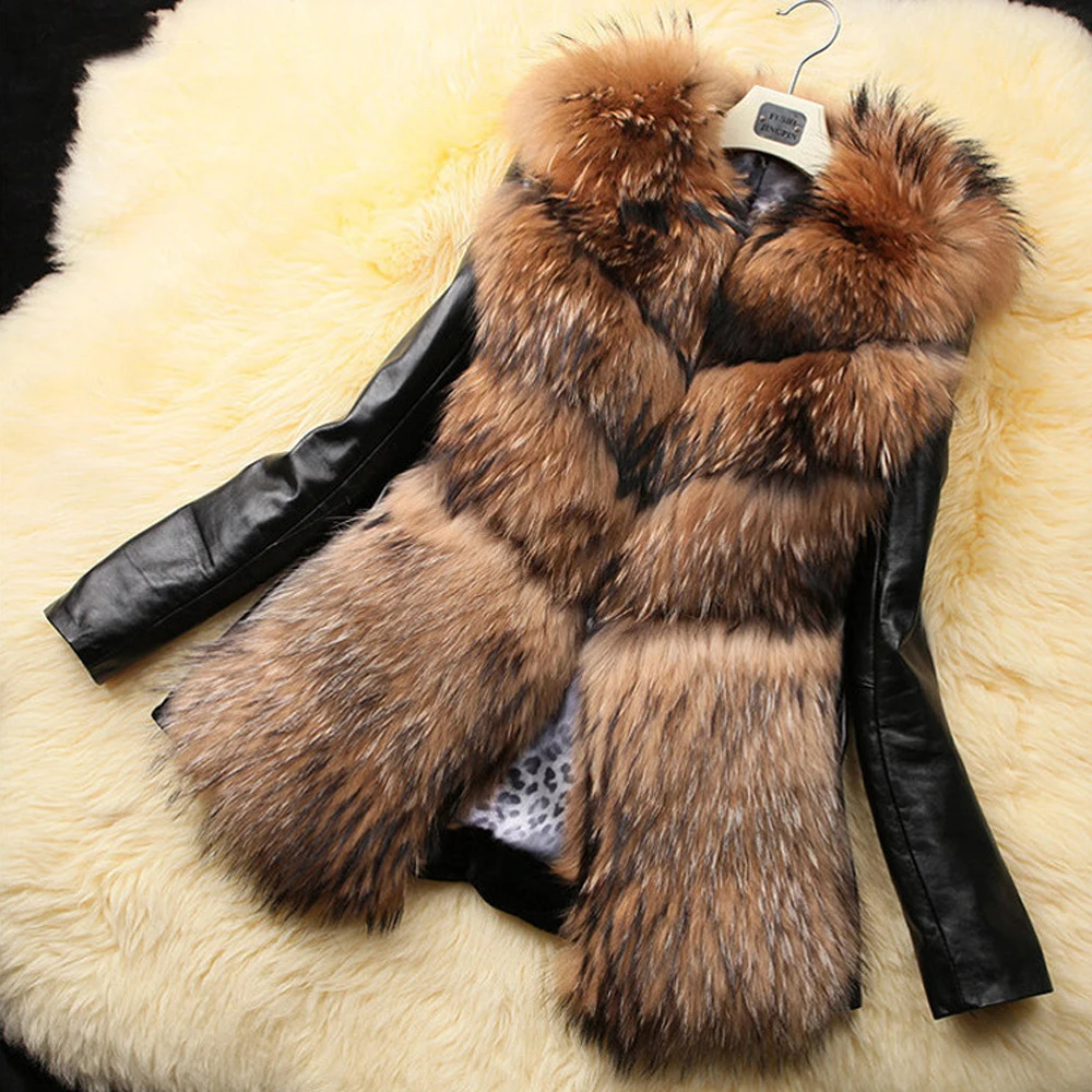 

Women's casual fashion patchwork Imitation fur coat high art Imitation Fox fur coat long sleeve keep warm V neck Elegant coat