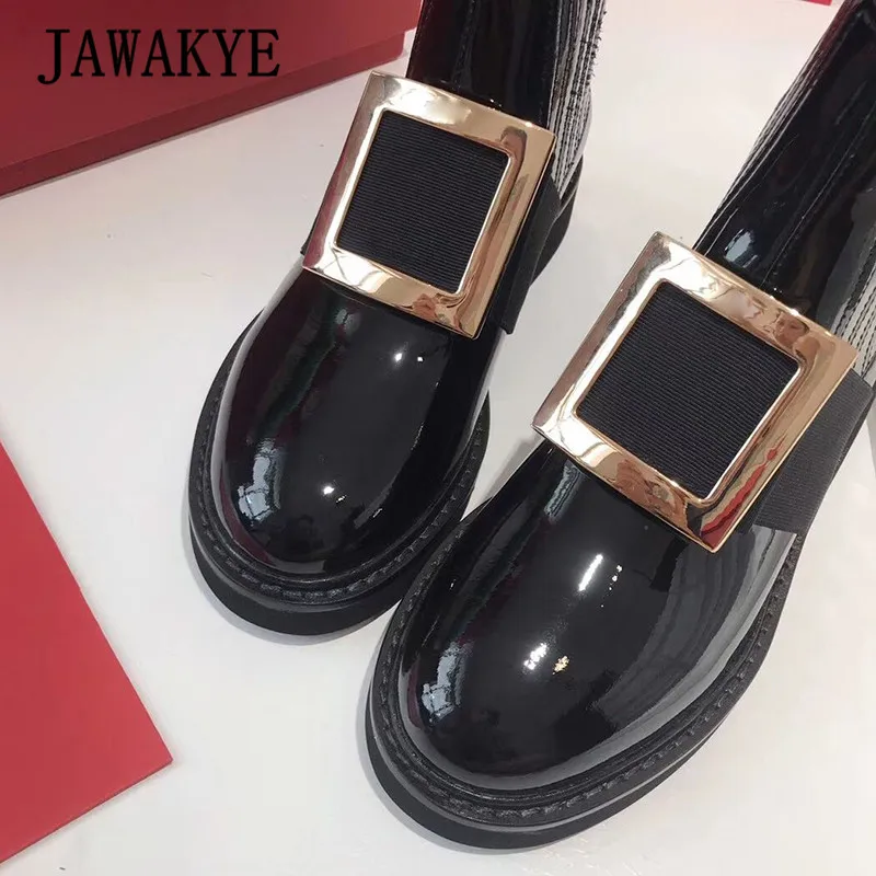 JAWAKYE стразы; ботильоны с квадратной пряжкой; женские Ботинки martin из лакированной кожи со шнуровкой и боковой молнией; женские модные ботинки «Челси» на плоской подошве