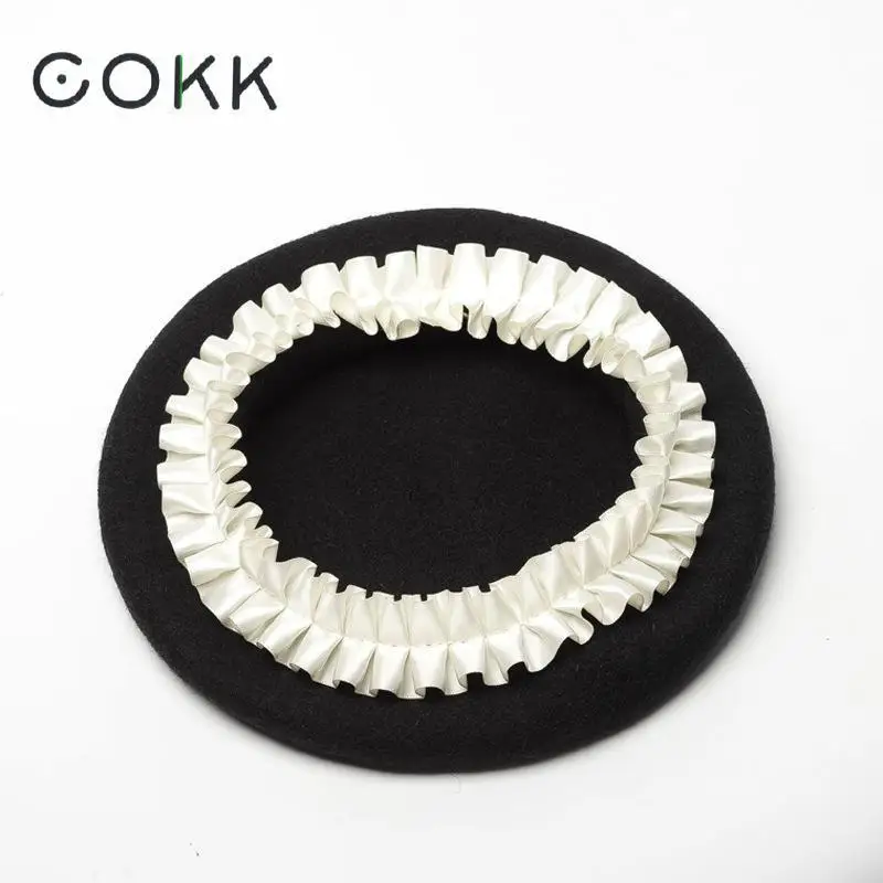 COKK, черный, белый шерстяной берет, женские шапки, зимняя шапка для художника, с цветочными полями, кавайная шапка, Женская британская шляпка винтажный капор