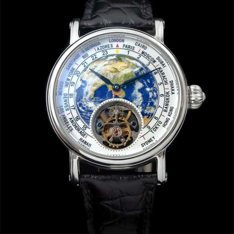 Креативный дизайн 3D Earth Real Tourbillon ST8000 Move для мужчин t часы эмаль циферблат кожа аллигатора мужские механические наручные часы - Цвет: Silver