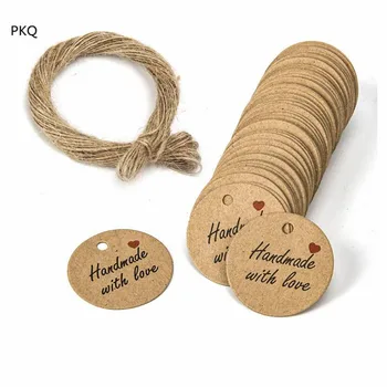 

500pcs 3cm Handmade with love Kraft Paper Gift Tag Wedding Party Paper Hang Tags Packaging Label Decorative Tags with 20M Rope