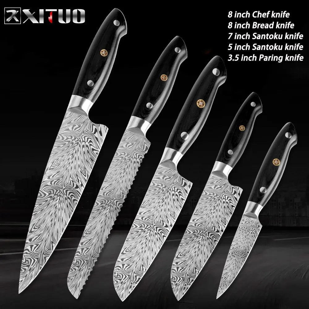 XITUO нож шеф-повара высокого качества лазерный дамасский перо узор кухонный нож из нержавеющей стали набор сантоку Острый кухонный топорик Knivse - Цвет: 5PCS set