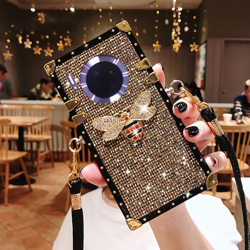 

Fashion Rivet Square Bling Glitter Lanyard Phone Case For Huawei Mate 30 Pro Mate 20 pro Y9 prime 2019 Back Cover Coque Fundas