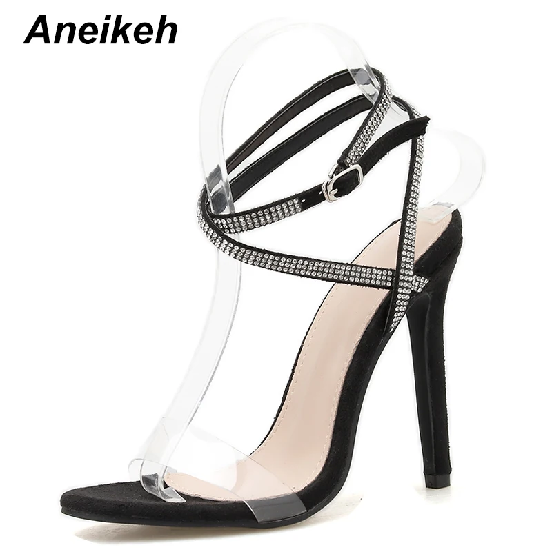 Aneikeh/женские Босоножки на каблуке из ПВХ; туфли-лодочки с ремешками на лодыжках в римском стиле; стразы; модельные туфли на высоком тонком каблуке с открытым носком и пряжкой; женская обувь; размер 42