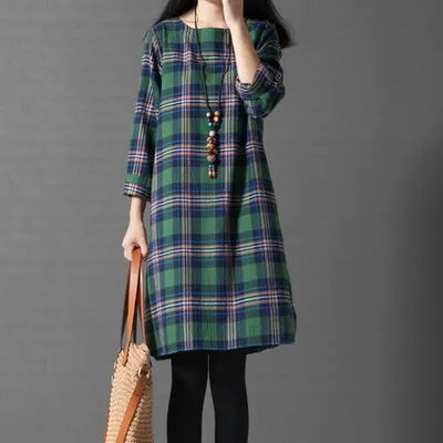 

8637 #2018 Autumn Clothing New Style Korean-style Large Size Loose-Fit Artistic Plaid Long Sleeve Cotton Linen Dress Women's