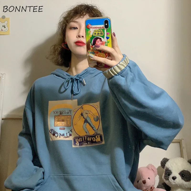 

Hoodies Women Printed Korean Style All-match Hooded Thicker Velvet Warm Students Pullover Womens Leisure Loose Hoodie Drawstring