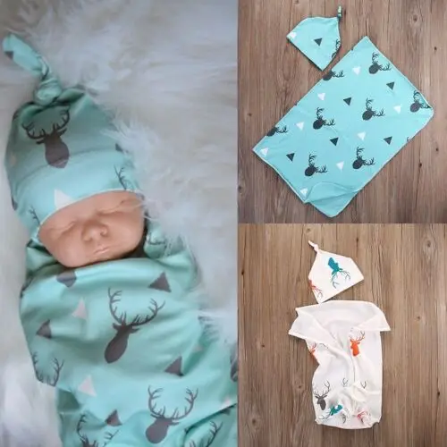 Baby Swaddle Blanket with Beanie Hat Cute Deer Pattern Soft Stretchy Sack Perfect for Newborn Photos Baby Shower Daily Accessory