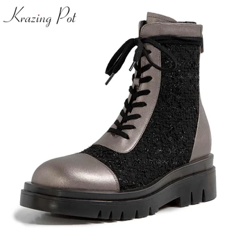 

Krazing Pot genuine leather preppy style med heels motorcycle boots round toe lace up jelly bottom streetwear ankle boots L77