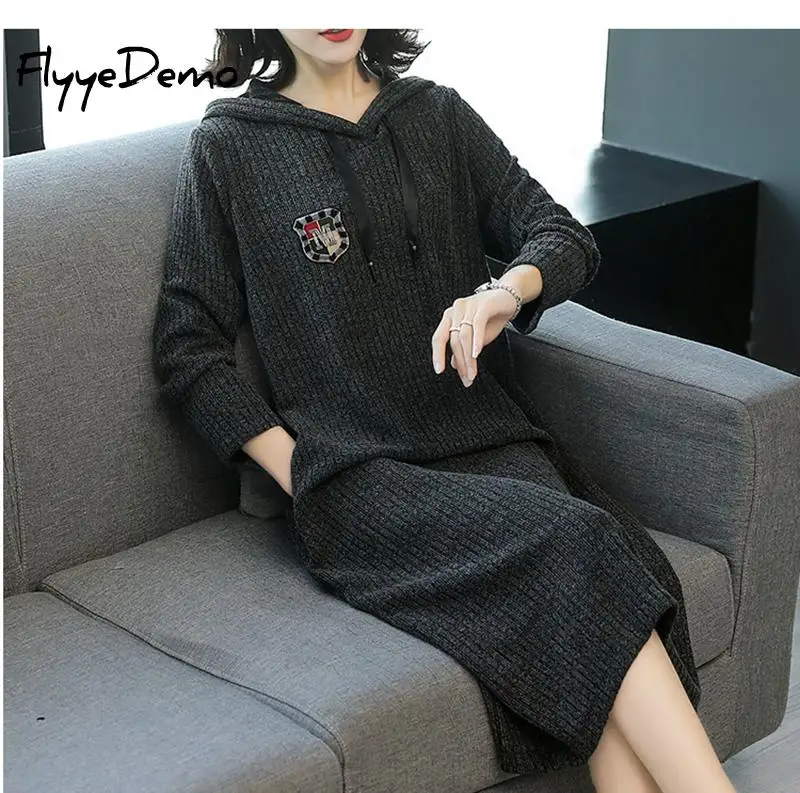 Женское трикотажное платье свитер с капюшоном Осень зима 2020 Свободный джемпер