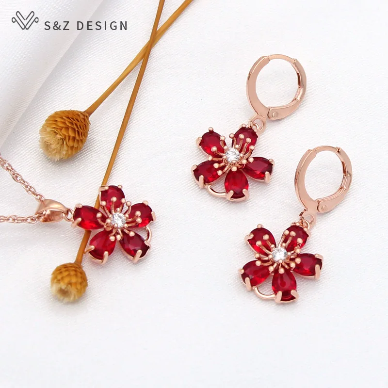 S&Z DESIGN New Fashion Cute Red Flowers Cubic Zirconia Dangle Earrings Jewelry Sets Pendant Necklace For Women Wedding Jewelry