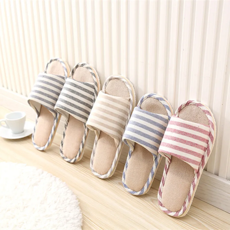 Striped Linen Four Season Indoor Slippers Women Cotton Non-slip Soft Bottom Home Wood Floor Sandals Couple Flip Flops Slides 3