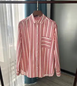

New Cotton Women's Shirt Long Sleeve Pink Striped Front Pocket Ladies Office Casual Blouse Top Spring Autumn Clothes