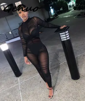 

Mesh See Through Rompers Womens Jumpsuit Turtleneck Long Sleeve Bandage Pencil Overall Casual Black Party Pleated Playsuti