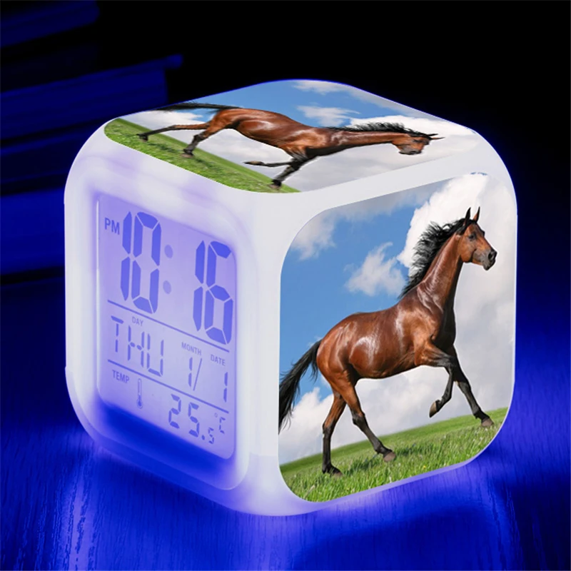 Animals Horse Digital Clocks Color Changing White Horses Led Alarm Clocks Action Figure Light Up Toys Doll Kids Gift