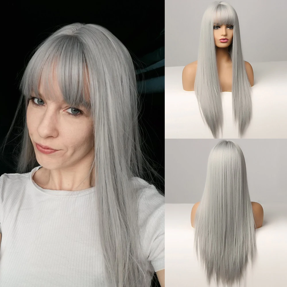 Long Silky Straight Synthetic Hair Wigs Silver Gray Natural Wigs With