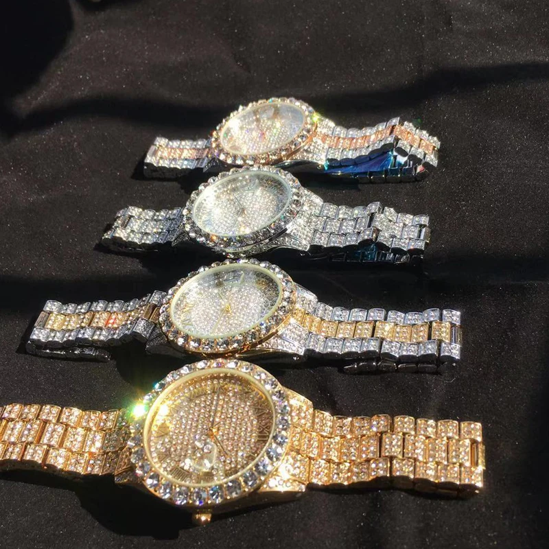 Полностью шикарные Большие бриллиантовые часы для мужчин, мужские кварцевые часы в стиле хип-хоп, водонепроницаемые мужские часы с датой, золотые стальные часы Relogio XFCS