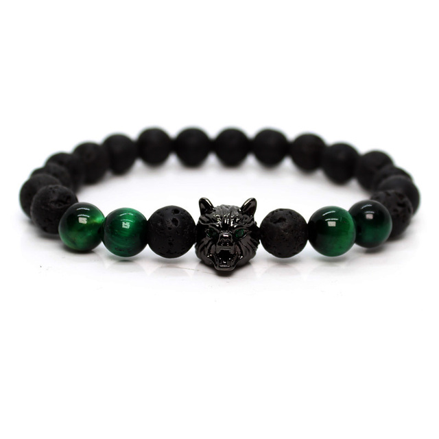 Jewellery Wolf Bracelet Bracelets For Men Green Tiger Stone Armband Lava Stone Friendship Gifts Women Handmade Beads Charm