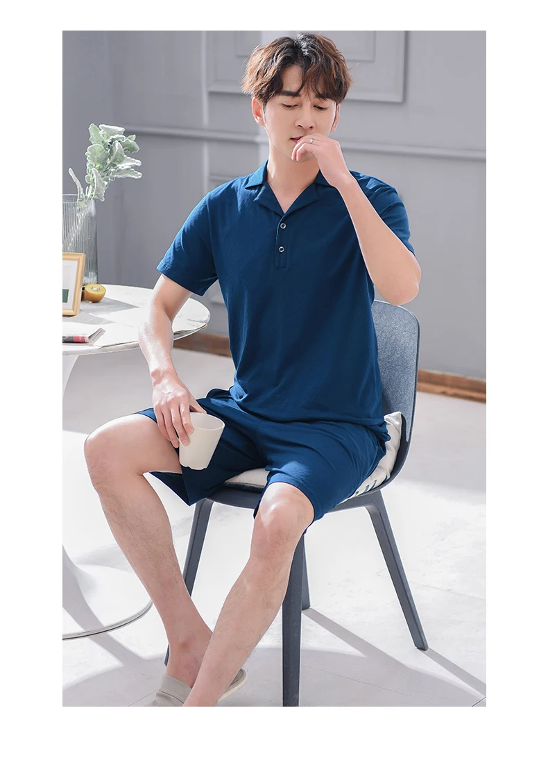 cotton pyjama set Summer Full Pure Cotton Short Sleeved Men's Pajamas Sets Pijamas Hombre Dark Blue Pyjamas For Men Sleepwear Suit Homewear M-XXXL white cotton pyjamas