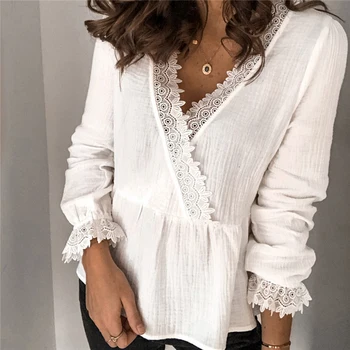 

Summer Womens Lace Tops and Blouses Elegant Long Sleeve V-neck Solid Loose Basic Shirt Ladies vintage chemise femme Streetwear