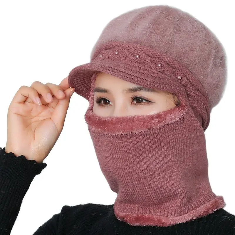 High Quality Winter Hats For Women Skullies Beanie Cap Woolen Caps Set Warm Mask Gorras Bonnet Rabbit hair Knitted Hat | Аксессуары для