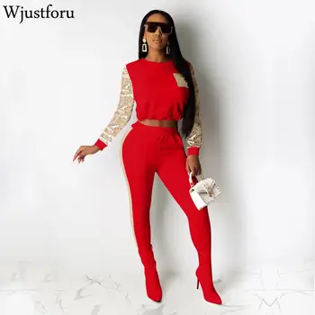 

Wjustforu Patchwork Sequin Casual Two Piece Set Women Skinny Pullover + Straight Pants Female Winter Wear Hoodies Tracksuit Slim