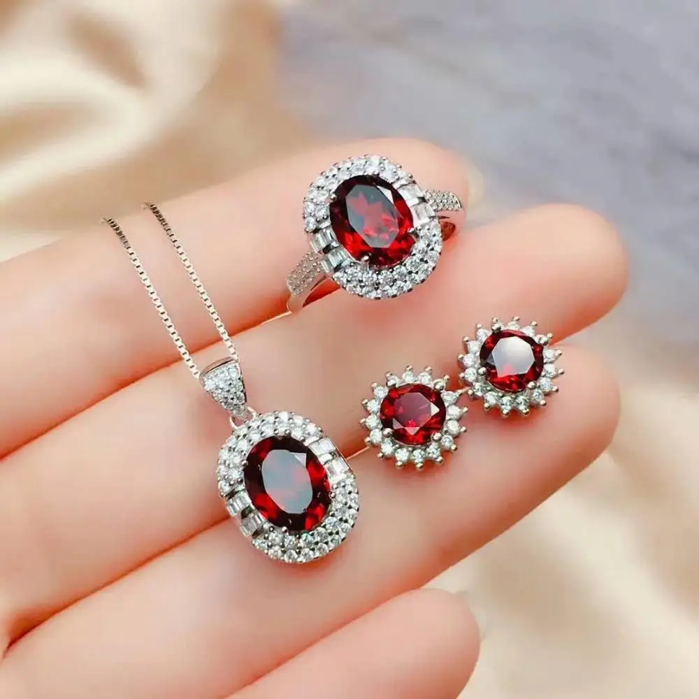 925 sterling silver real Natural garnet Jewelry Sets rings pendants earrings send necklace fine new women gift ctz07090606ags