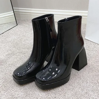 

brand fashion women zipper ankle boots genuine leather square toe rider boots autumn winter boots women dress shoes platform
