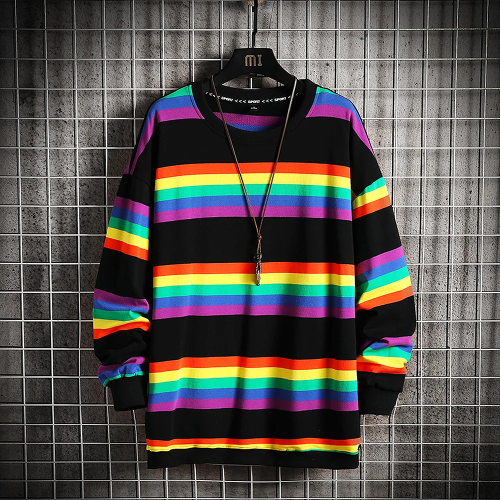 Sudadera de manga larga para hombre, de estilo Harajuku, con cuello redondo a rayas, a la moda, para primavera y otoño, novedad de 2021