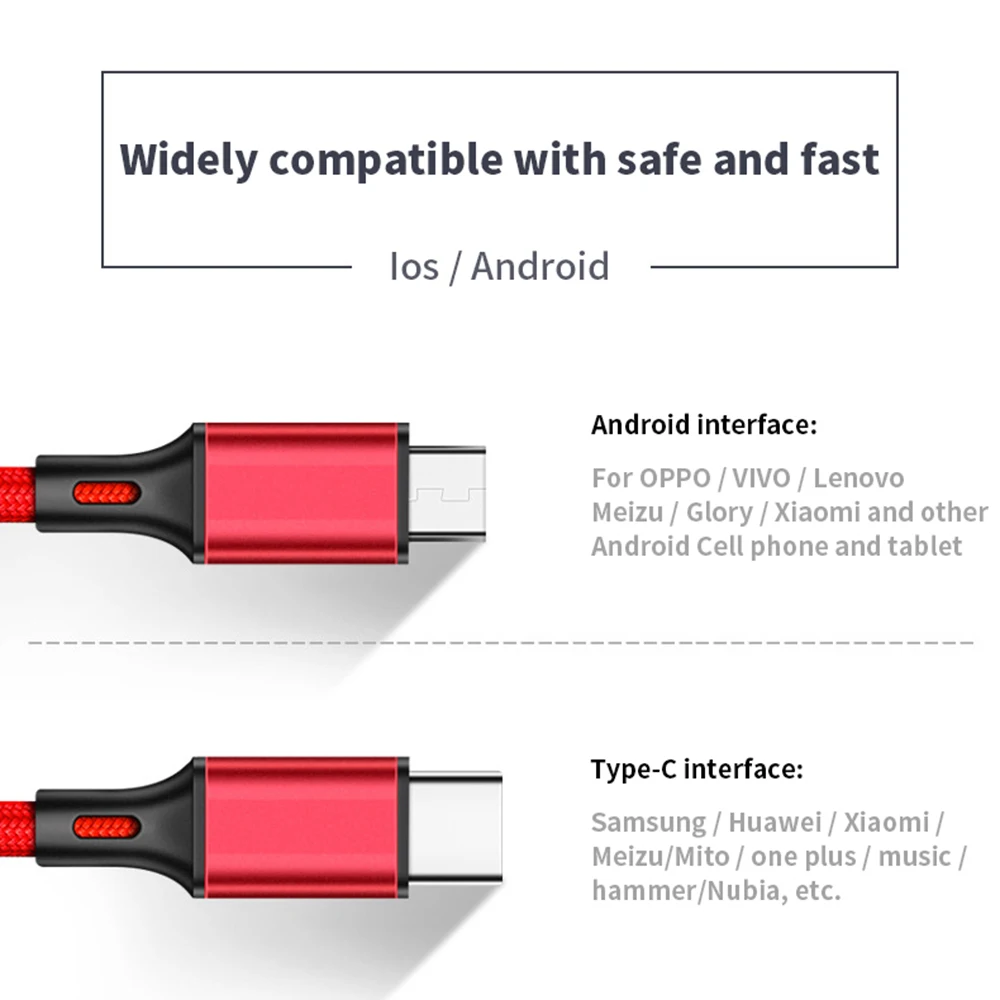 2 в 1 USB кабель Micro usb type C кабели быстрое зарядное устройство планшет телефон зарядный шнур 2в1 нейлоновая оплетка Android USB C провода для зарядки