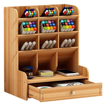 

Wooden Pen Holder Stationery Storage Multifunction With Drawer Save Space Large Capacity Desk Organizer Office Supplies School