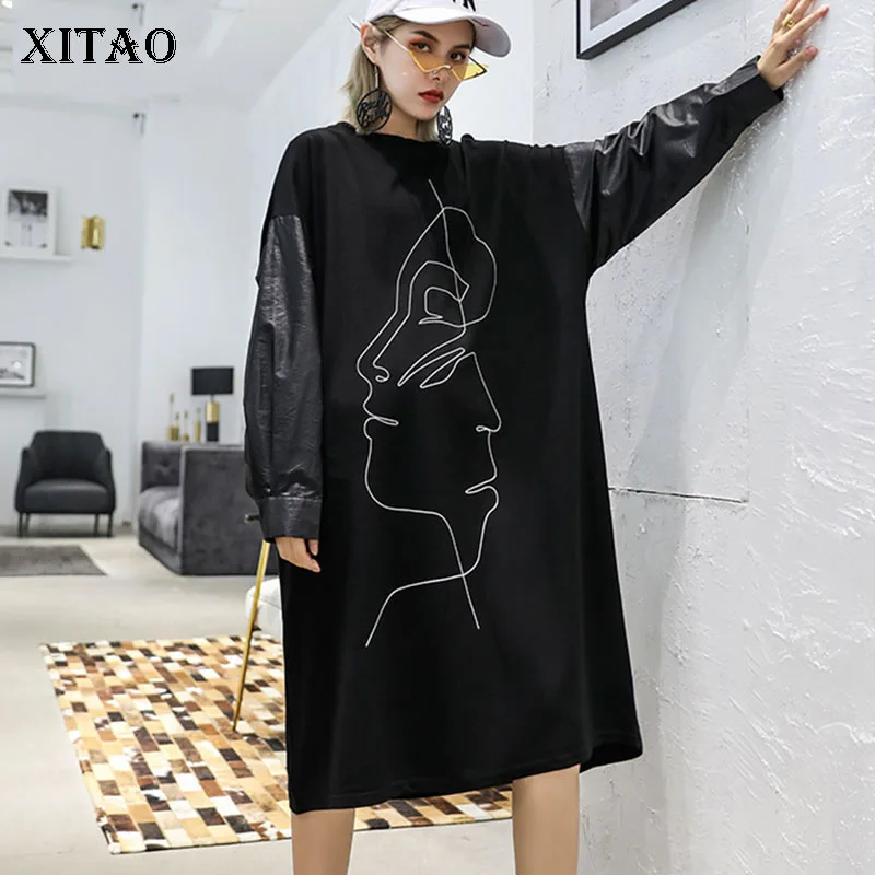 

XITAO Plus Size Dress Women Black Long Sleeve Print Spliced Street Style Personality 2019 New Autumn Ladies Dress WQR1825