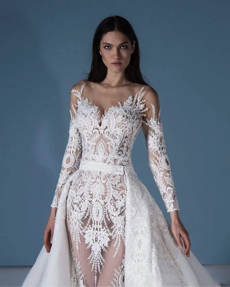 Vestido De Noiva Long Sleeve Mermaid Wedding Dress With Detachable Train Luxury Dubai Sheath Lace Appliqued Bridal Gown