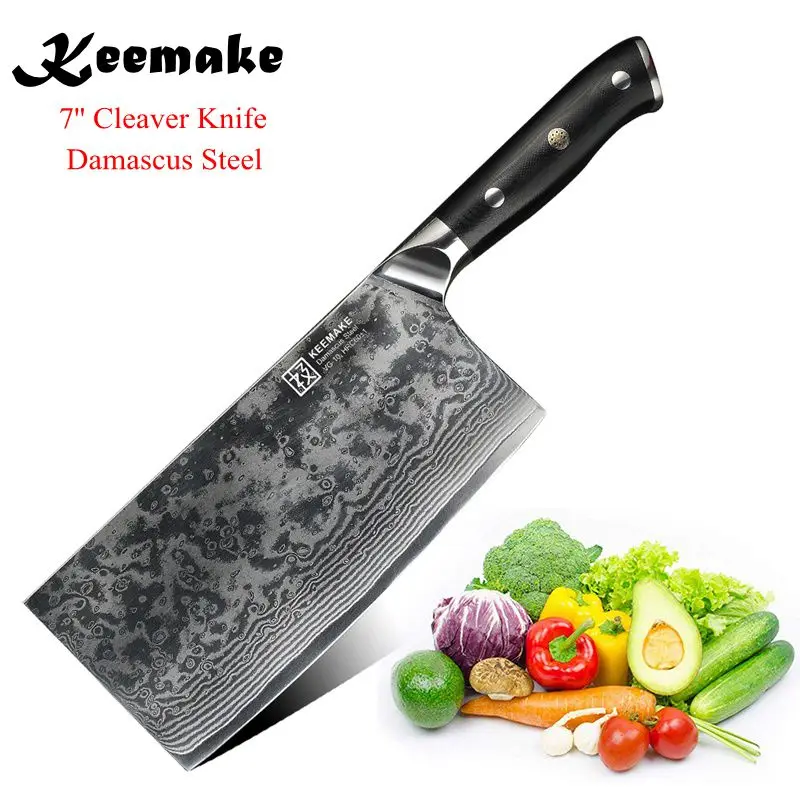 KEEMAKE 7" Cleaver Knife Japanese Damascus VG10 Steel Blade Kitchen