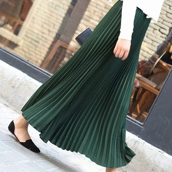 

Women pleated Large Swing Skirts 2020 Casual Solid color Autumn summer Elasticity Midi Skirt Elegant High Waist Pleated Skirts