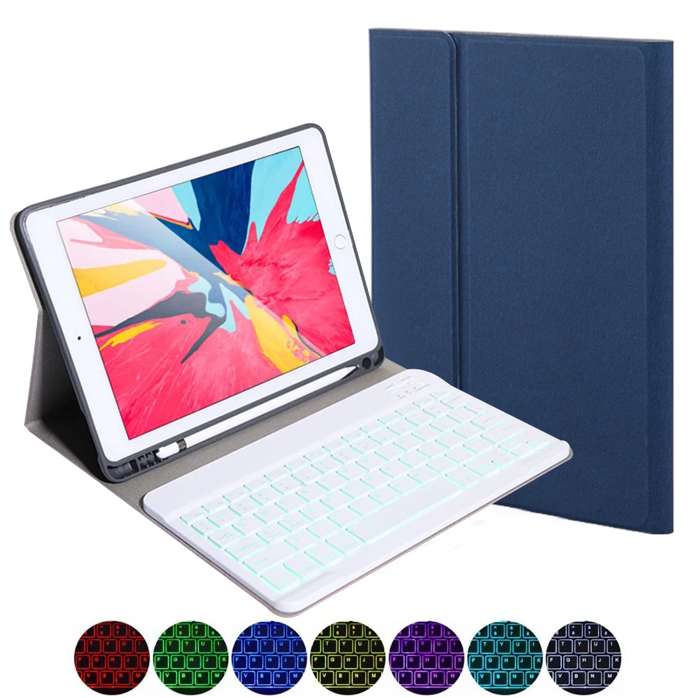 Blue Для ipad 7 10,2 дюймов 7 цветов планшет с подсветкой Bluetooth клавиатура с тканевыми метками планшет кожаный защитный чехол с держателем для ручки - Цвет: Blue