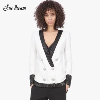 

White Black Fashion New Sequined Long-Sleeved Deep V-Neck Jacket Female Summer Chic Button Bodycon Casual Party Coat 2020