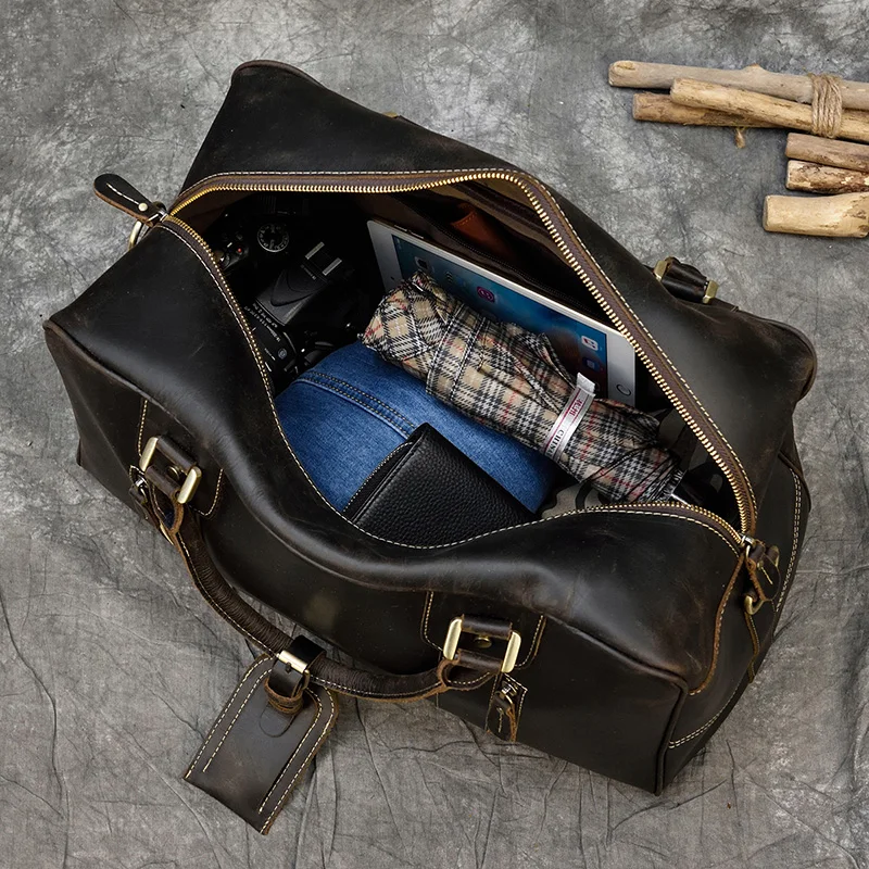 Men vintage crazy horse leather travel duffel Thick Real leather weekend bag Genuine Large Boston Bag shoulder bag 3Type