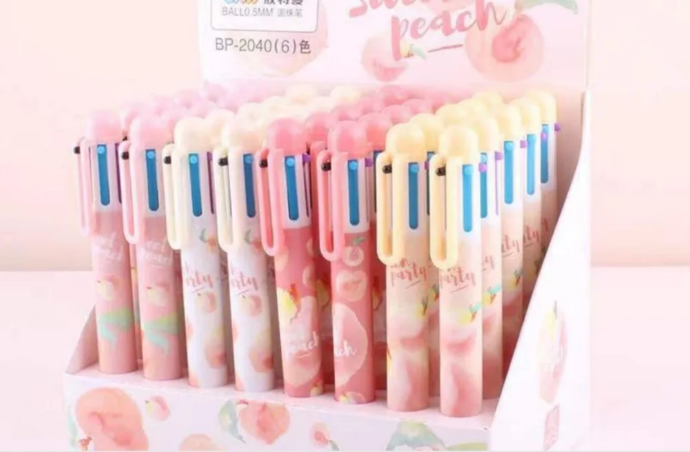 new 6 color peach multicolor ballpoint pen cartoon school stationery prize kawaii hand account pen office write pen 40pc/lot