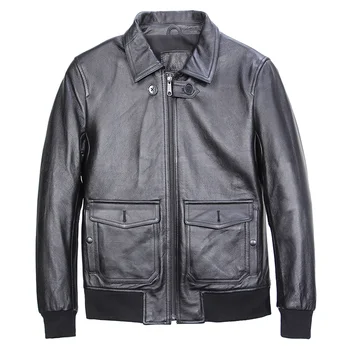 

2020 Black Men Military Aviator Jacket Plus Size XXXL Genuine Cowhide Autumn Slim Fit USAF Pilot Leather Coat