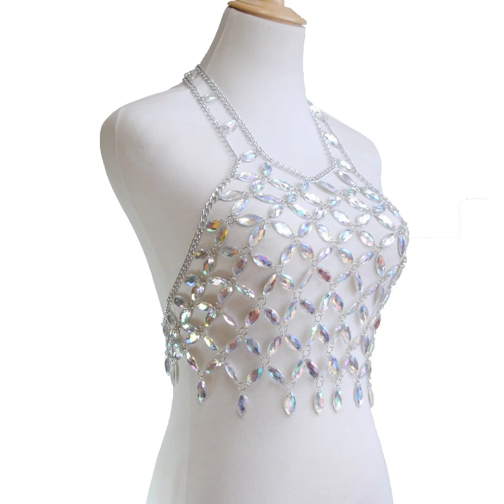 Multi-Layers Hollow Out Acrylic Statement Necklace Strap Bra Jewelry Bikini Crops Women Sexy Nigh Club Metal Body Chain Jewelry