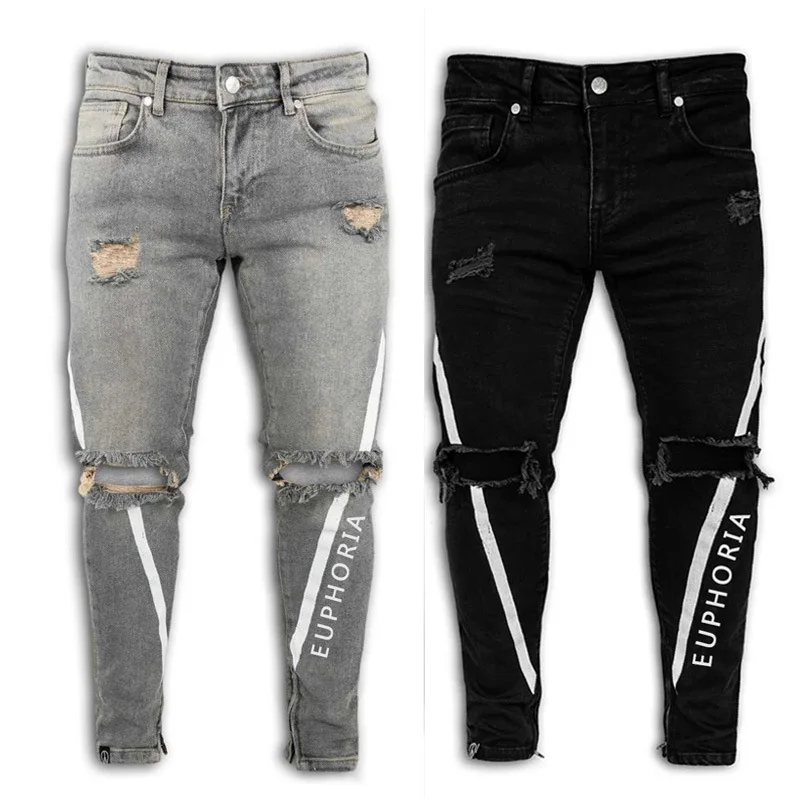 

2020 New Men Stretch Ripped Pants Streetwear Mens DenimJeans Men Elastic Waist Skinny Jeans Printing Locomotive Jeans