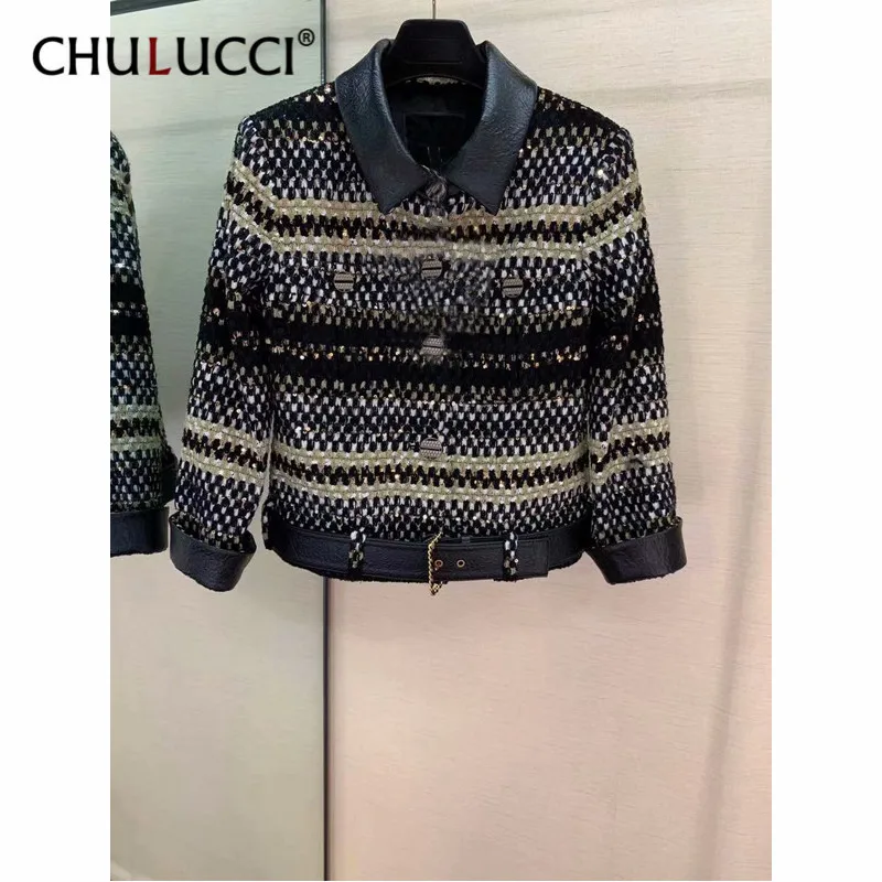 

8.23 Color matching plaid beaded sequins flip collar short coat high quality women's tweed woven Belt jacket silk lining