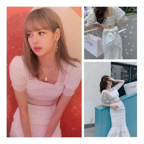 

kpop Blackpink LISA 2019 korean streetwear tops two piece set bow-kont high waist fishtail skirt women summer slim kawaii shirts