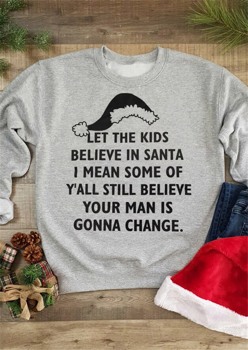 Худи с надписью «Let The Kids Believe In Santa»; милая Рождественская шапка; Женская толстовка в стиле поп; женская зимняя толстовка с капюшоном; Kawaii
