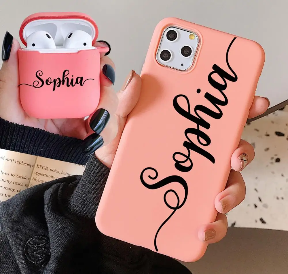

Personalized Name Phone Case for iPhone 11 Pro Max Xs XR X 6 6s7 8 Plus Case match with airpods 2 &1 case cover with Keychain